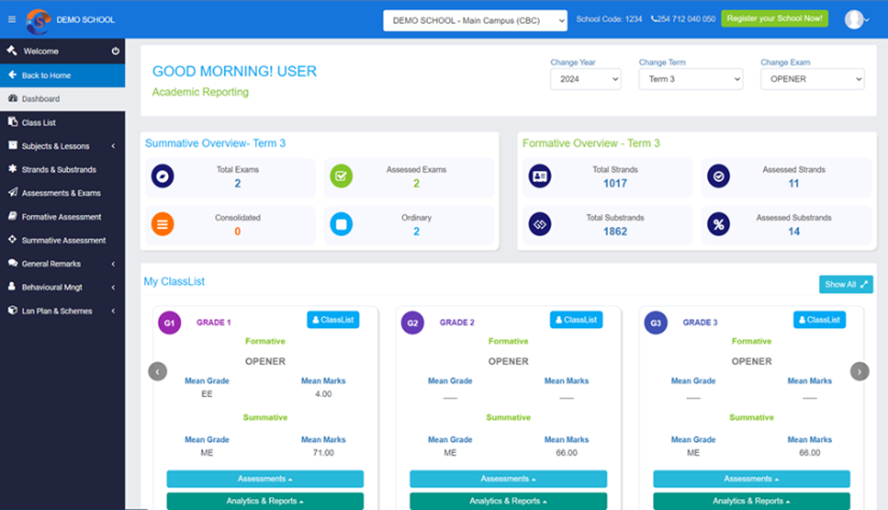 Cloud School System - Academics Dashboard